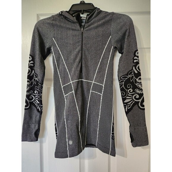 Athleta 1/2 Zip Jacket Hooded Sx XS Grey With Black Floral Accent EUC - Picture 1 of 8